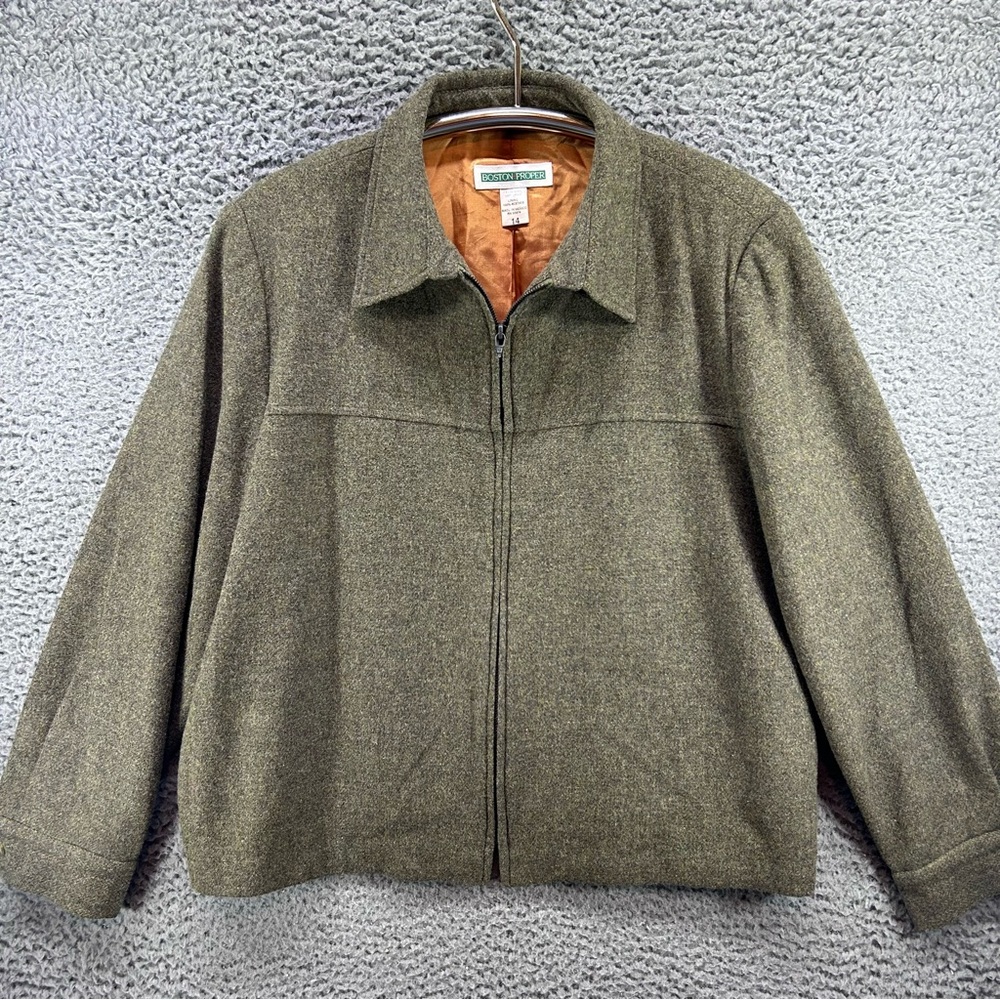 VTG Boston Proper Wool Jacket Womens 14 Green Full Zip Military‎ Outdoor Utility